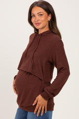 Burgundy Double Layer Long Sleeve Maternity Nursing Hoodie