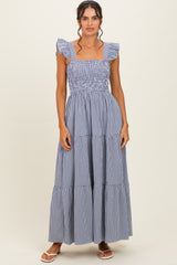 Navy Gingham Ruffle Strap Smocked Maternity Maxi Dress