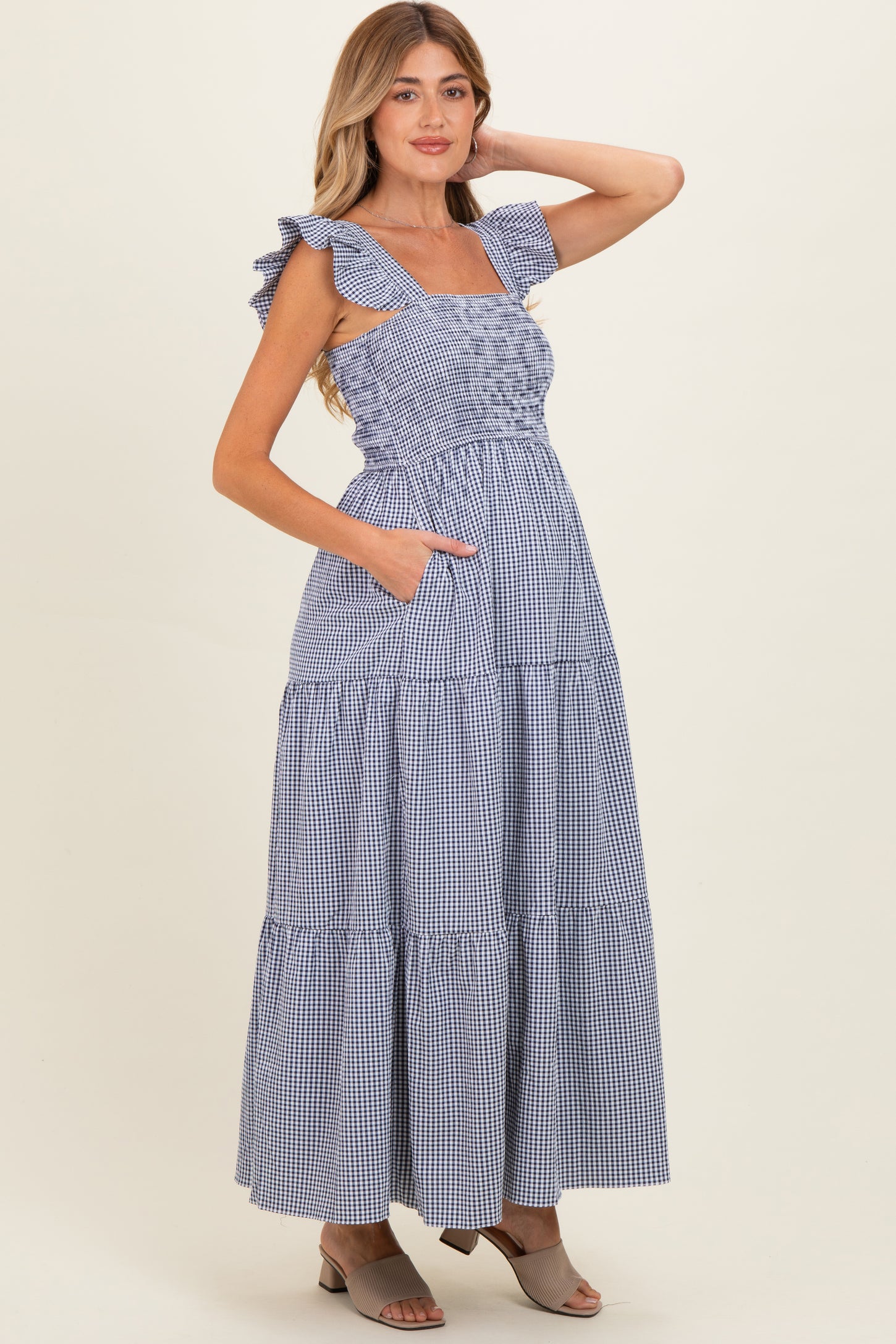 Navy Gingham Ruffle Strap Smocked Maternity Maxi Dress