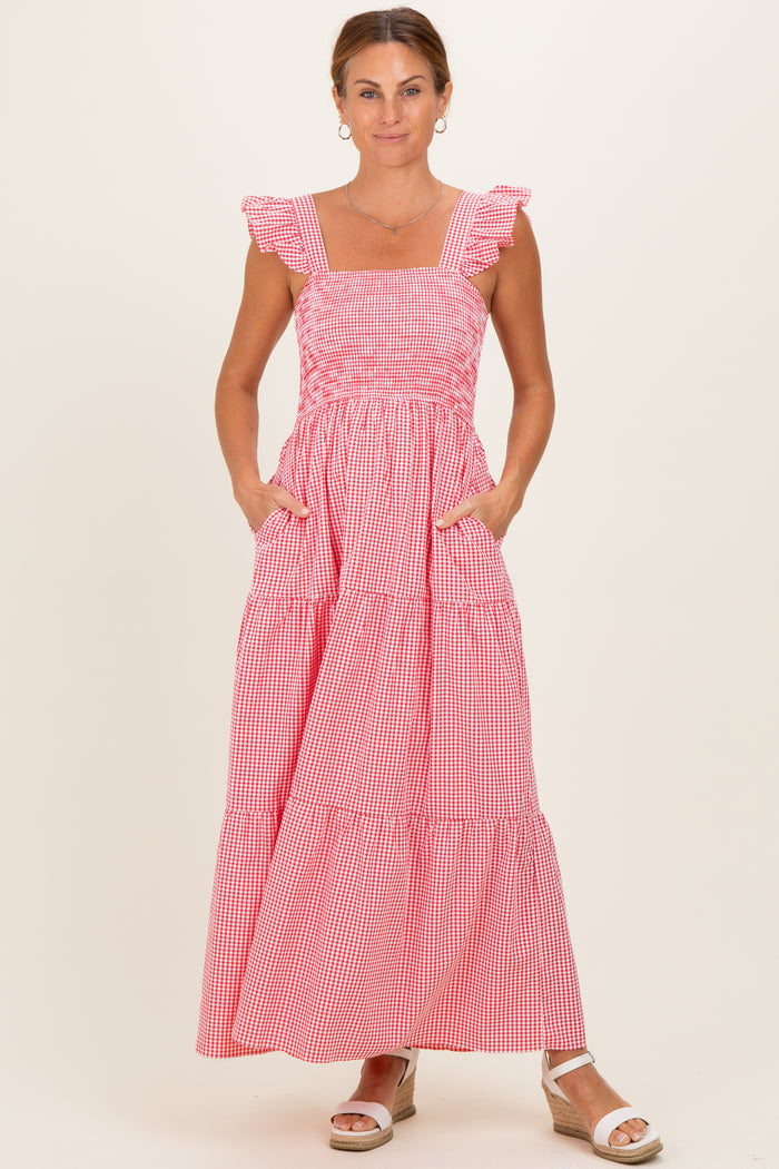 Red Gingham Ruffle Strap Smocked Maternity Maxi Dress