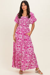 Fuchsia Printed Puff Sleeve Smocked Maxi Dress