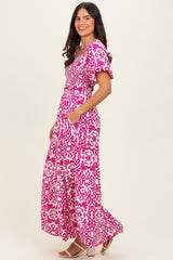 Fuchsia Printed Puff Sleeve Smocked Maxi Dress