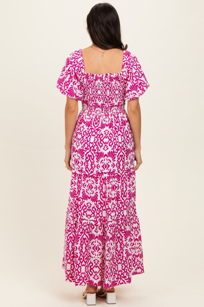 Fuchsia Printed Puff Sleeve Smocked Maxi Dress
