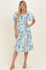 Blue Floral Smocked Puff Sleeve Midi Dress