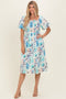Blue Floral Smocked Puff Sleeve Midi Dress