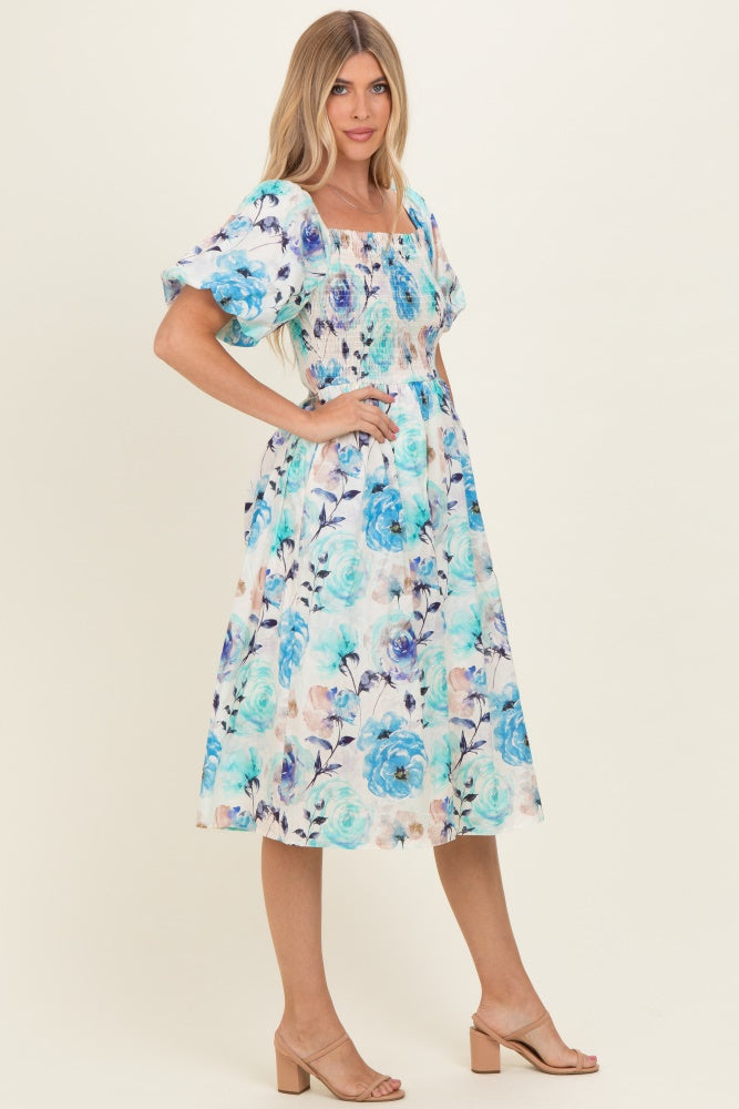 Blue Floral Smocked Puff Sleeve Midi Dress