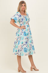 Blue Floral Smocked Puff Sleeve Midi Dress