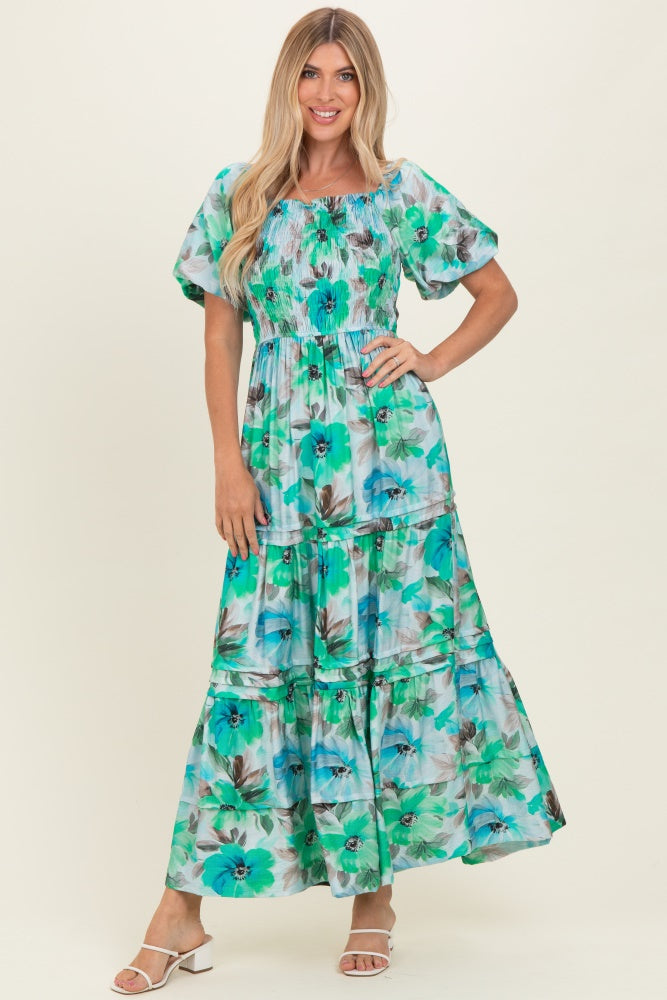 Emerald Green Floral Smocked Tiered Maxi Dress