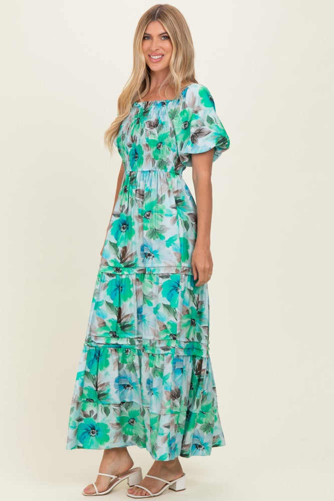 Emerald Green Floral Smocked Tiered Maxi Dress