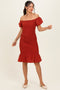 Rust Smocked Off Shoulder Ruffle Hem Dress