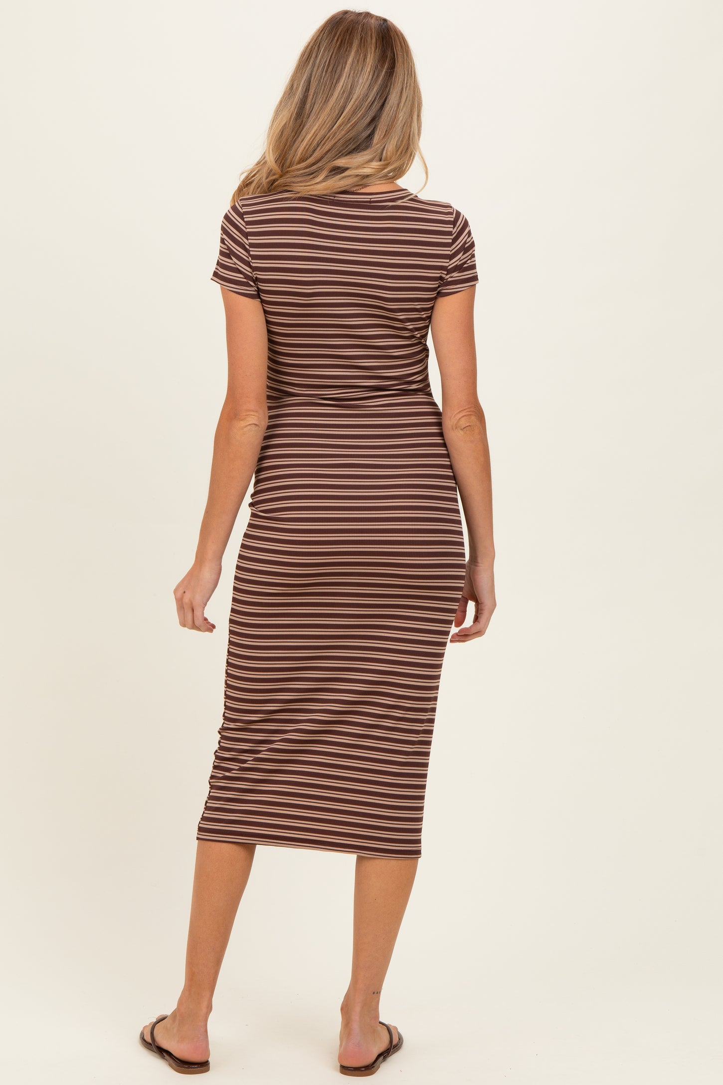 Dark Brown Striped Henley Maternity Midi Dress