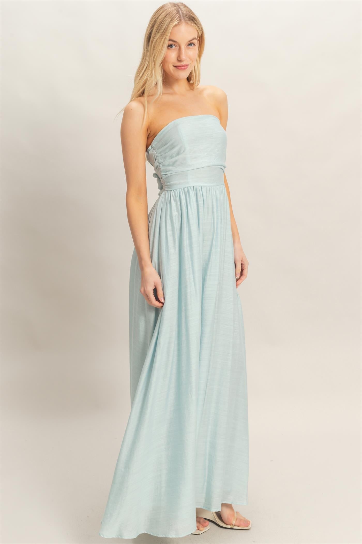 Light Blue Strapless Tie Back Maxi Dress