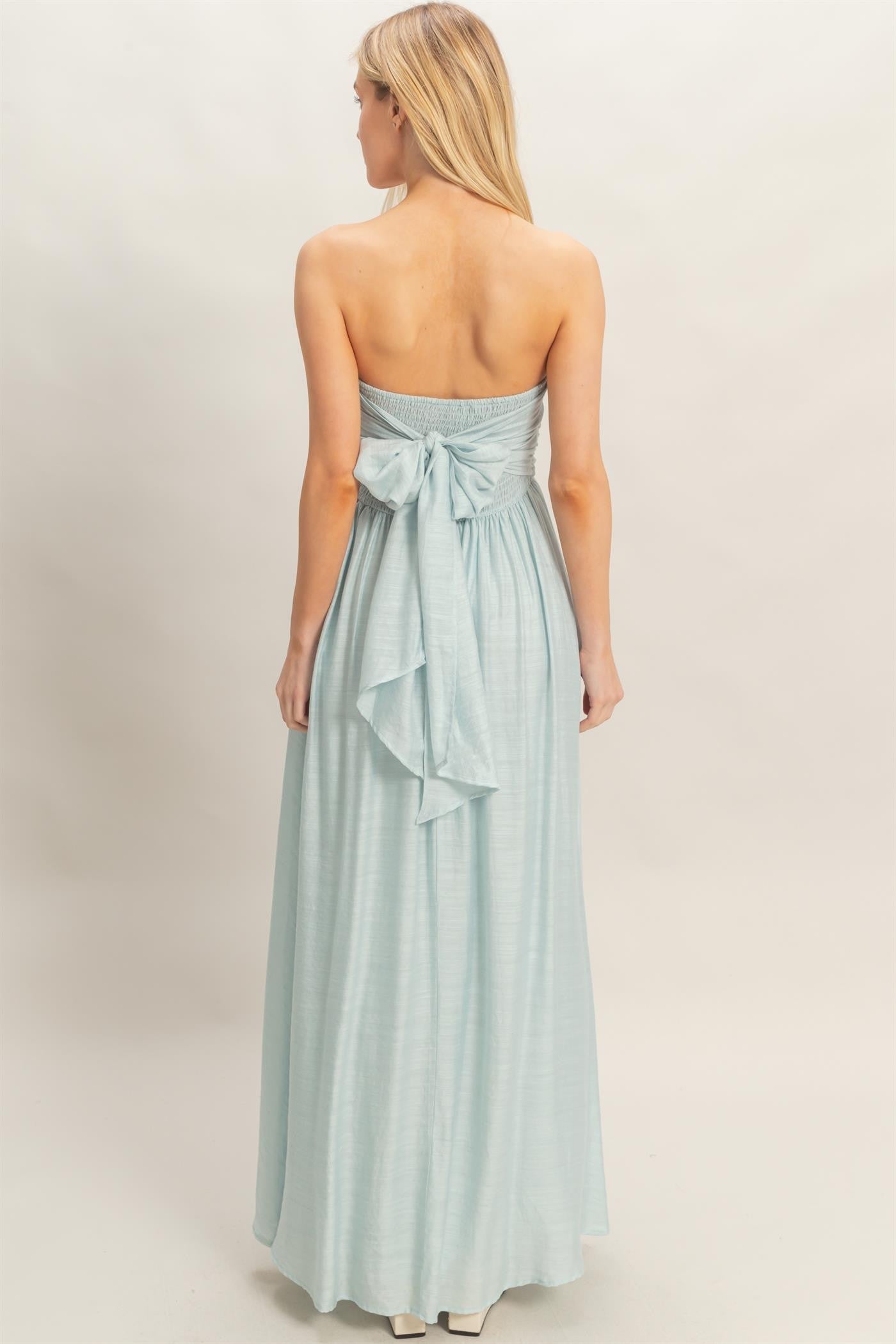 Light Blue Strapless Tie Back Maxi Dress
