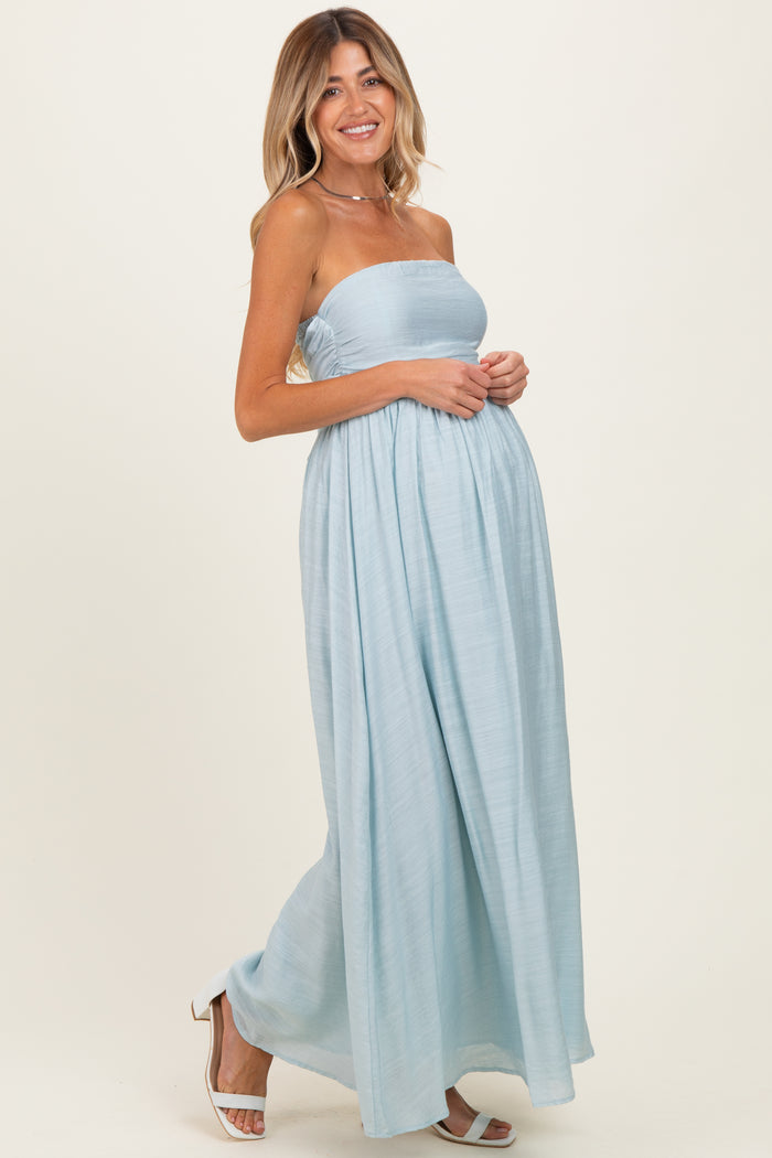 Light Blue Strapless Tie Back Maternity Maxi Dress