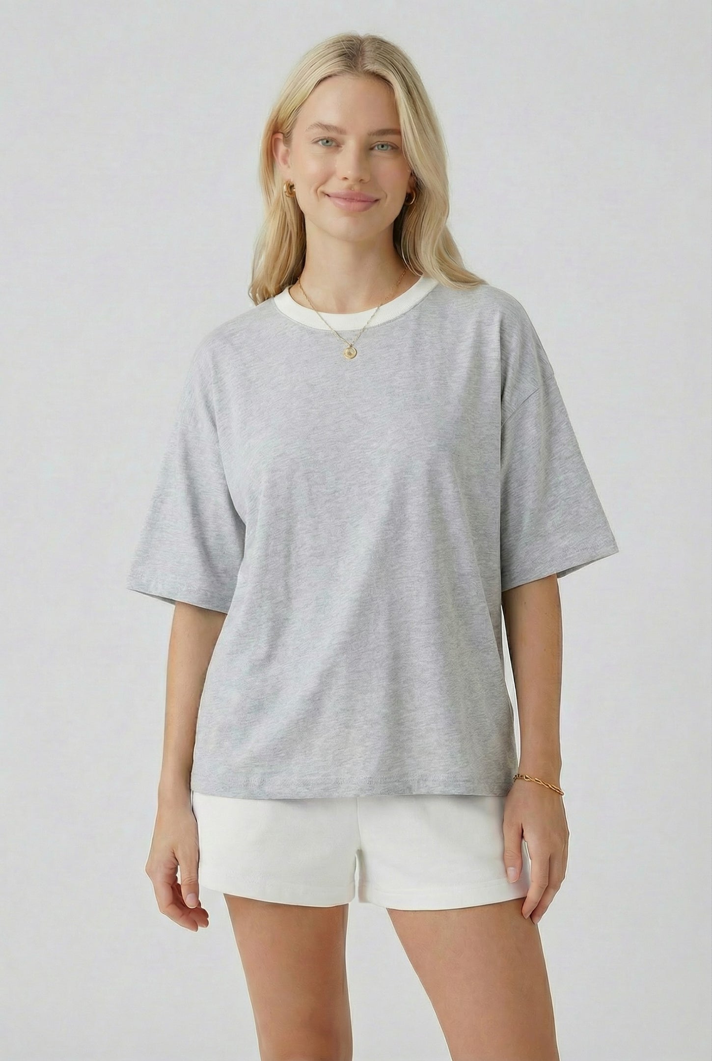 Heather Grey Relaxed Fit Contrast Neckline Tee