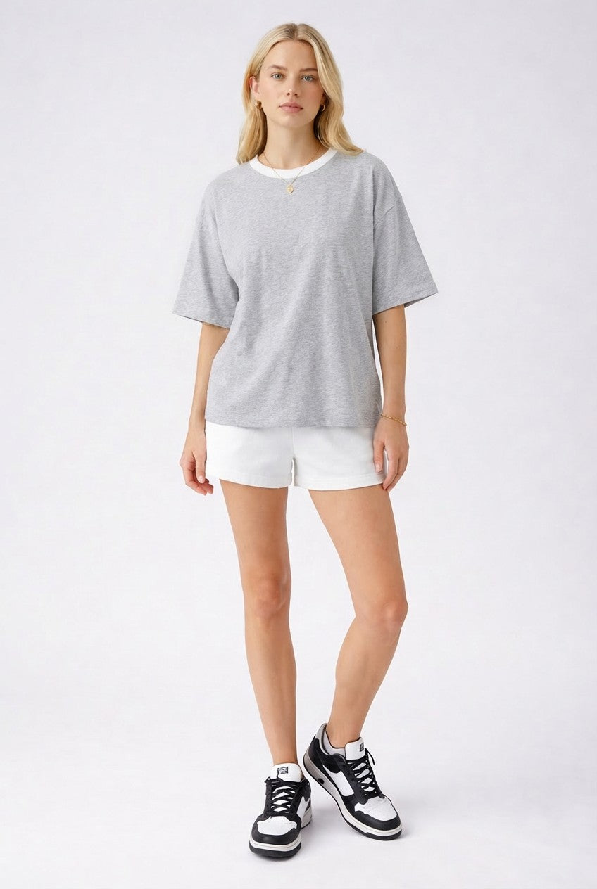 Heather Grey Relaxed Fit Contrast Neckline Tee