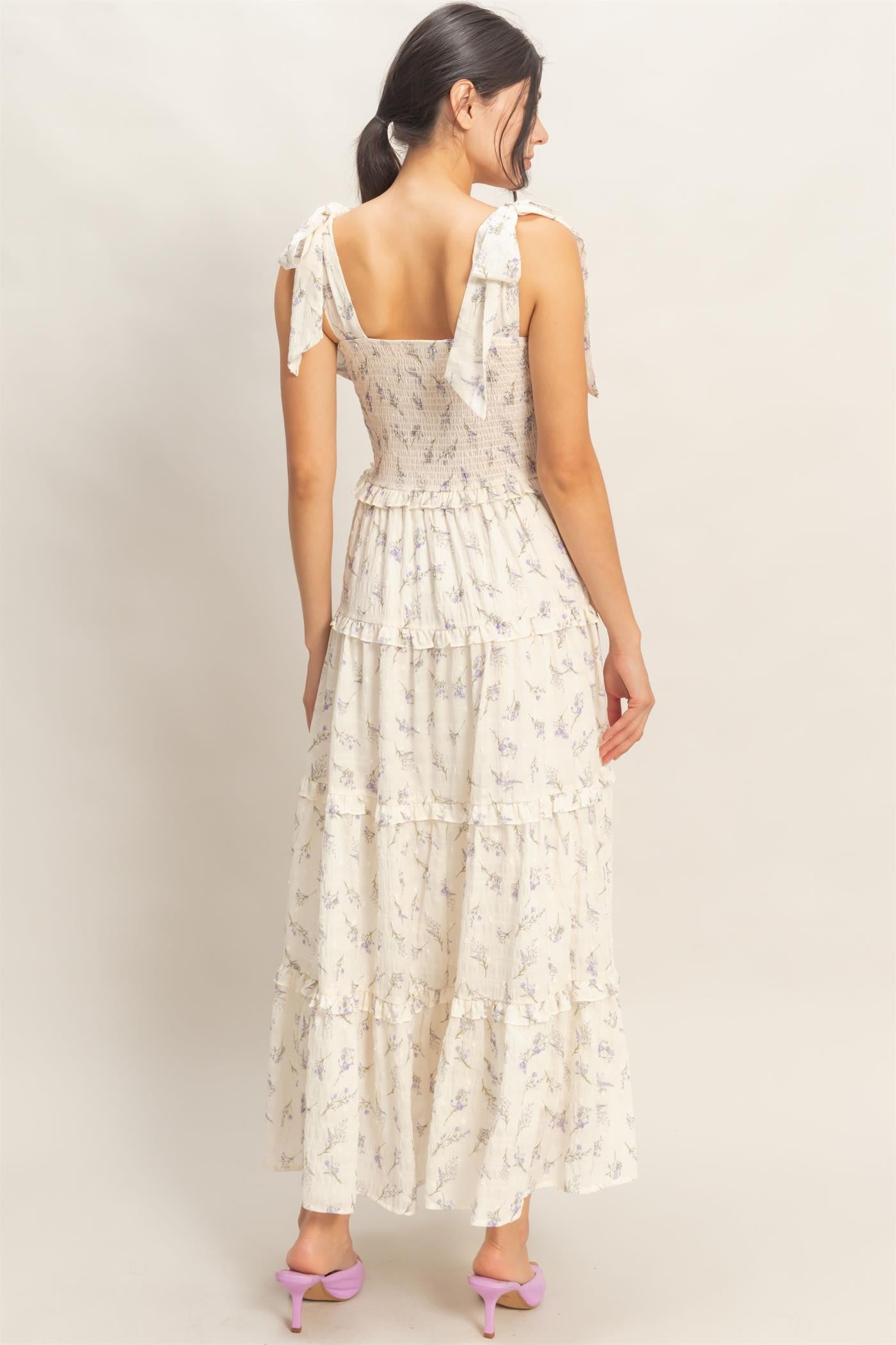 Purple Floral Smocked Tiered Maxi Dress
