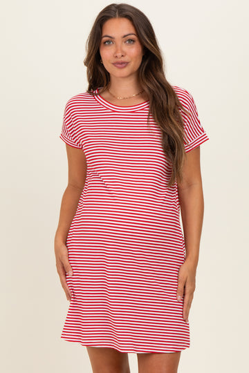 woman wearing a red and white striped maternity dress with short sleeves and a relaxed fit