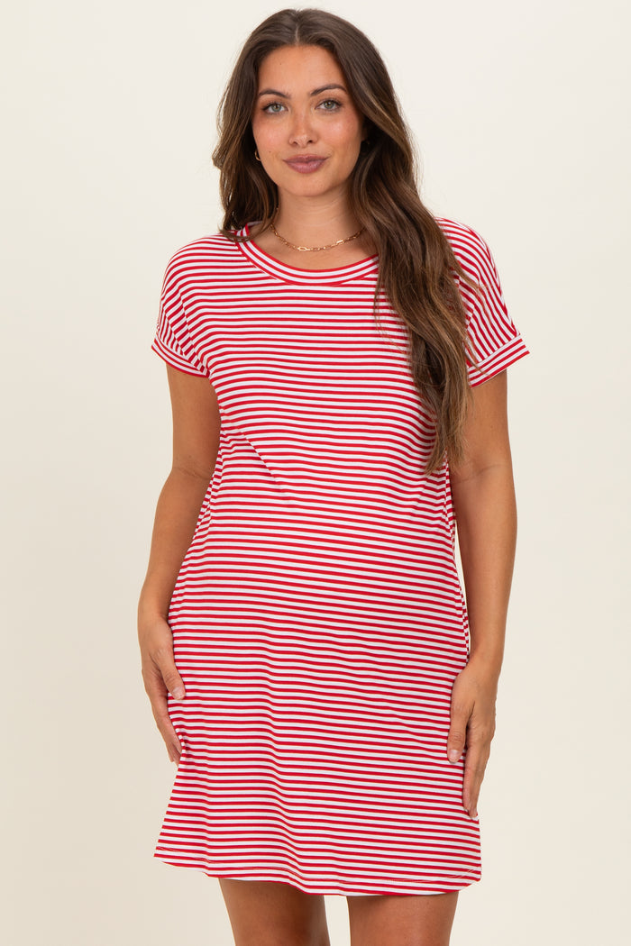 woman wearing a red and white striped maternity dress with short sleeves and a relaxed fit