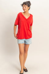 Red Washed V-Neck Oversized Maternity Tee