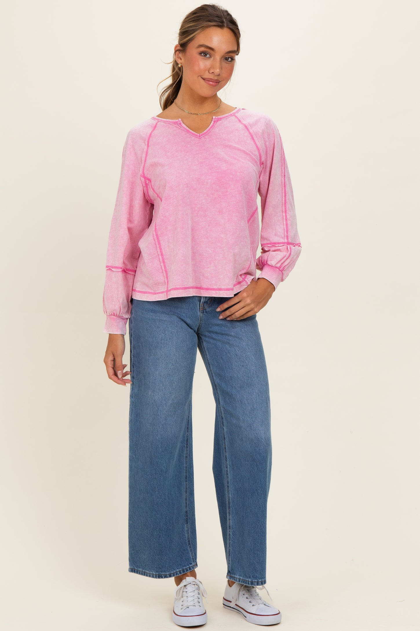 Bubble Pink Mineral Wash Exposed Seam Top