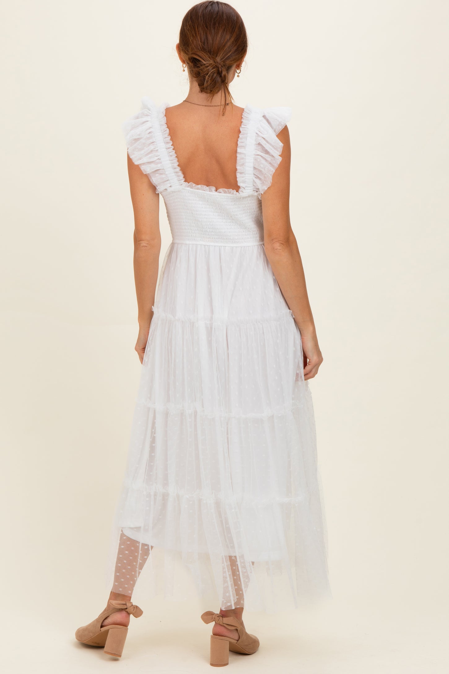 White Smocked Polka Dot Tulle Midi Dress