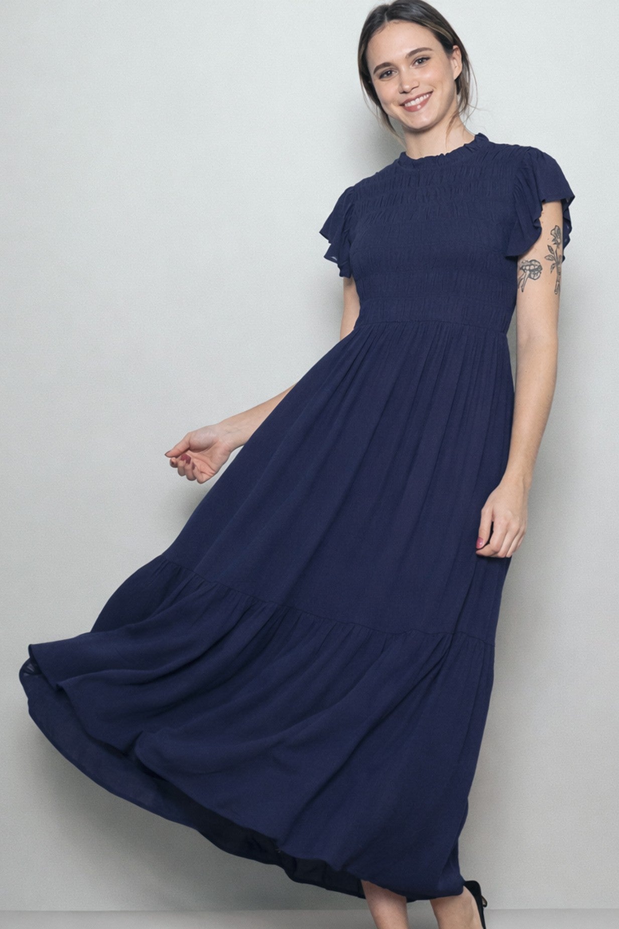Midnight Mock Neck Flutter Sleeve Smocked Maternity Maxi Dress
