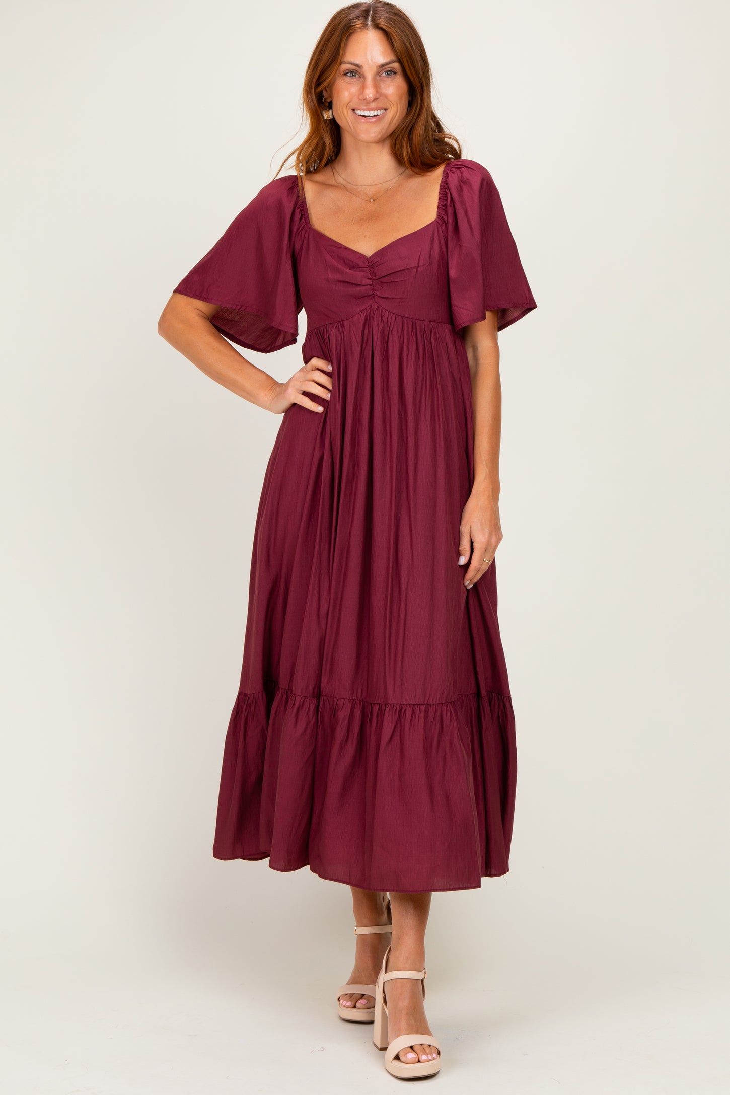Burgundy Flutter Sleeve Ruffle Hem Maternity Midi Dress