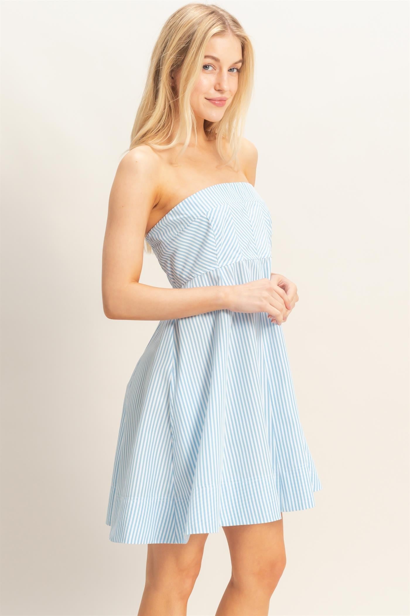 Light Blue Striped Strapless A-Line Dress