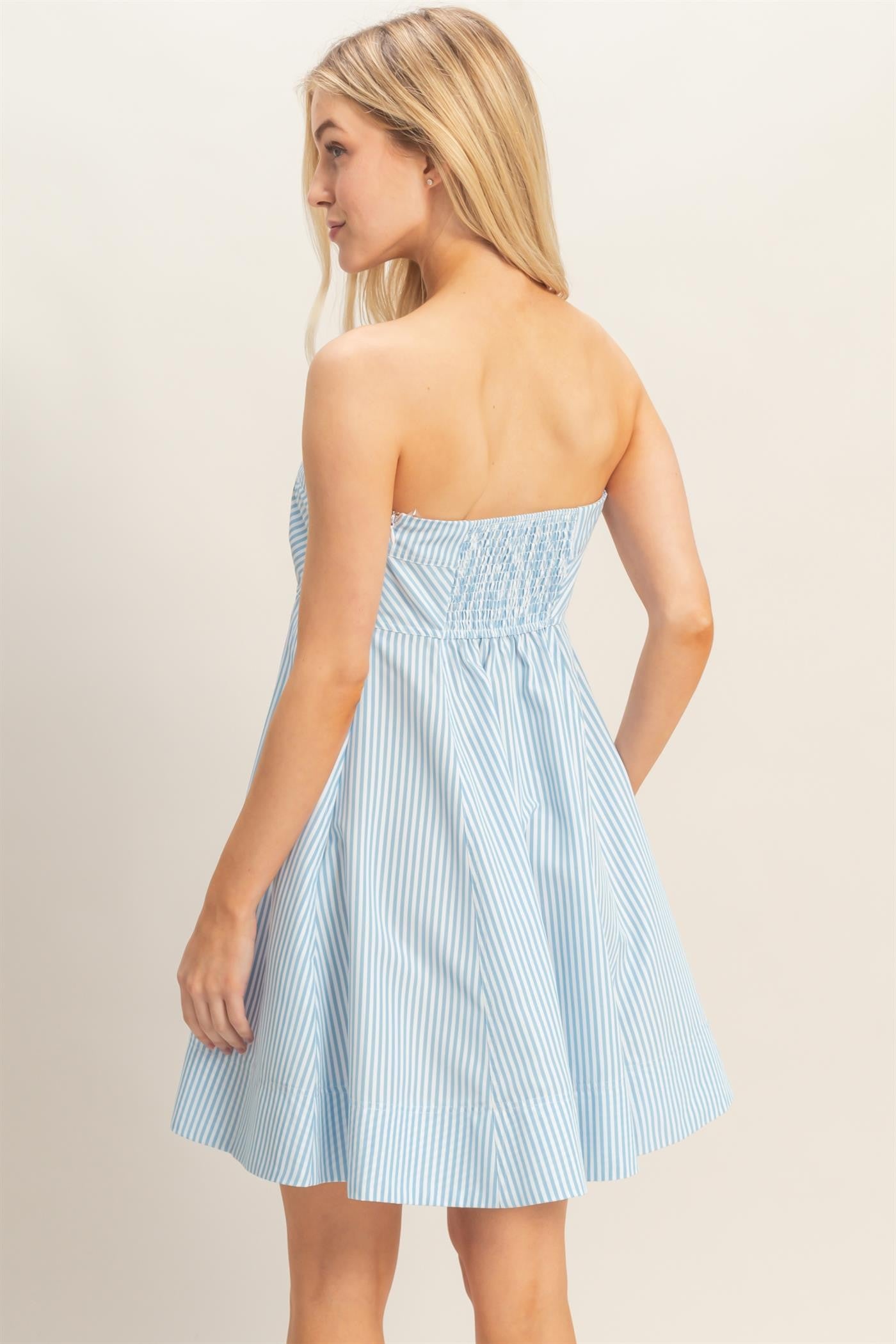Light Blue Striped Strapless A-Line Dress