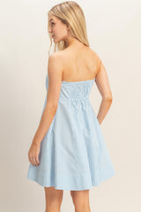 Light Blue Striped Strapless A-Line Dress