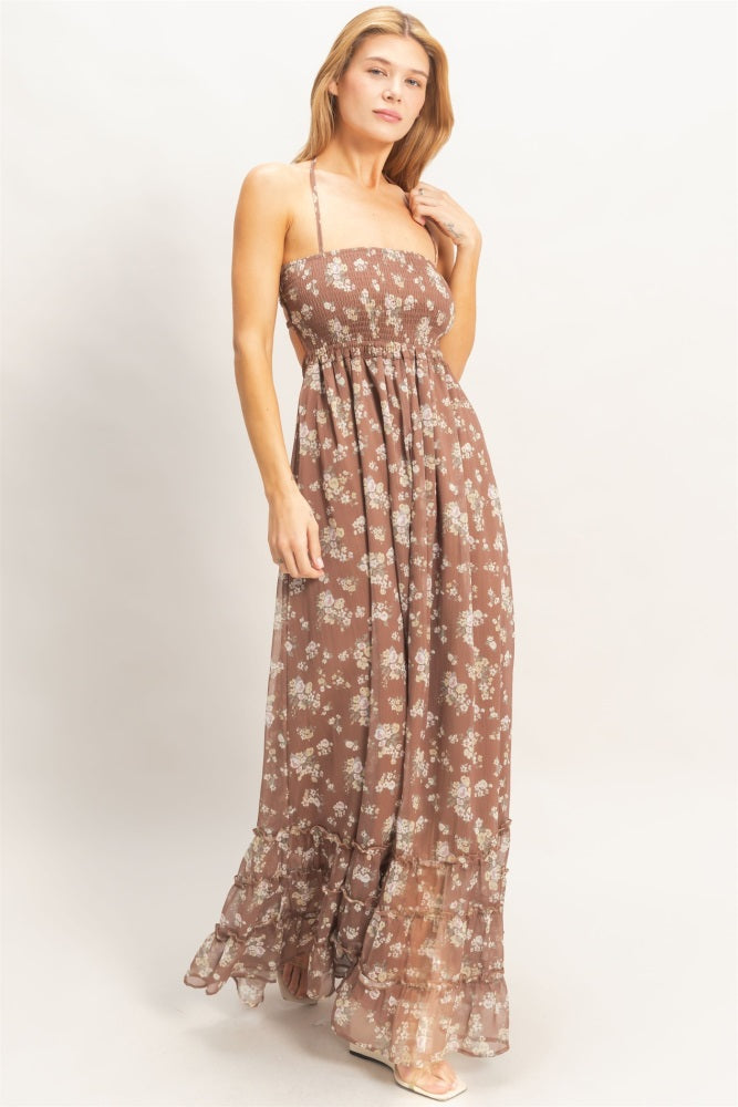 Brown Floral Smocked Open Back Maxi Dress