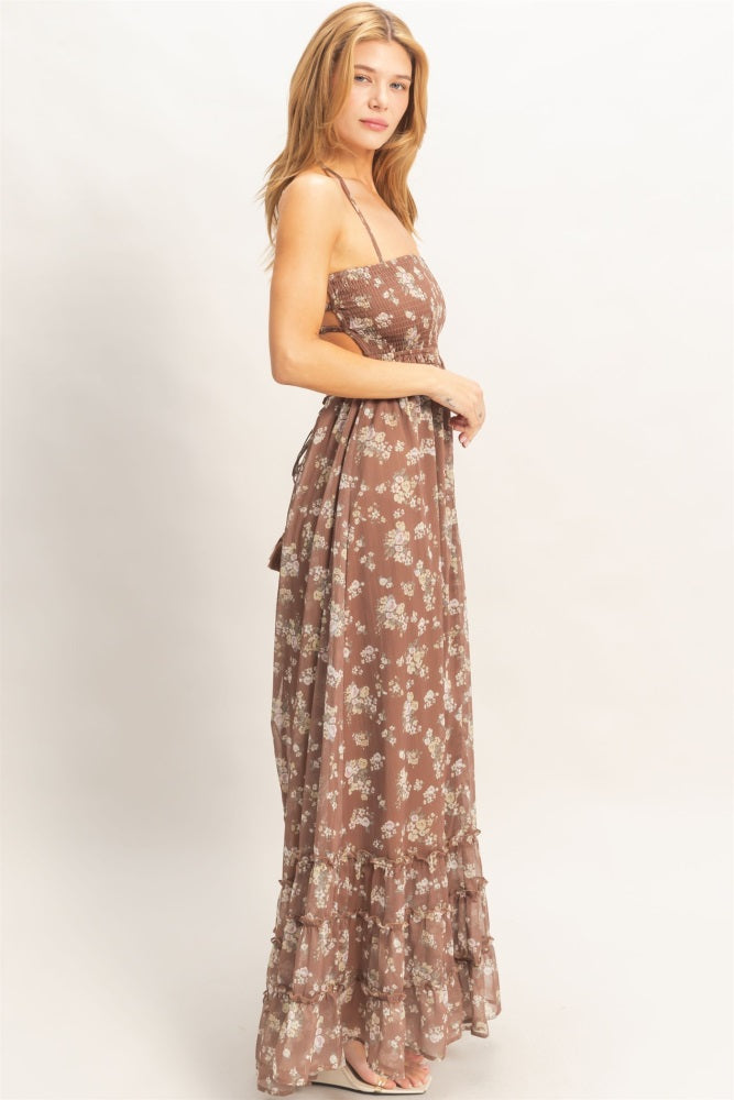 Brown Floral Smocked Open Back Maxi Dress