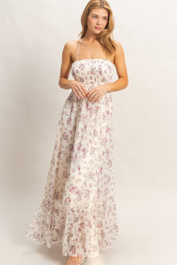 Ivory Floral Smocked Open Back Maxi Dress