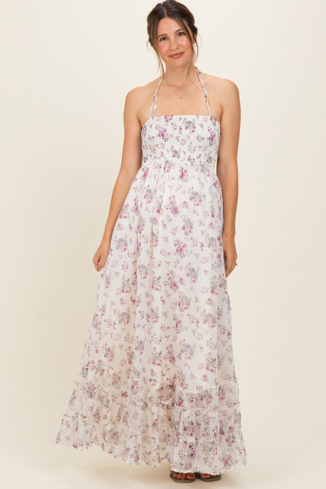 Ivory Floral Smocked Open Back Maternity Maxi Dress