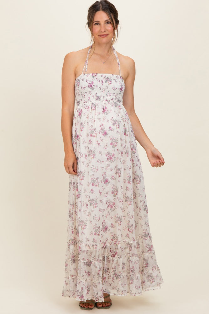 Ivory Floral Smocked Open Back Maternity Maxi Dress