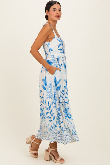 Blue Printed Scallop Detail Sleeveless Midi Dress