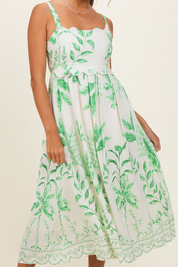 Green Printed Scallop Detail Sleeveless Midi Dress
