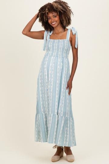 Sky Floral Stripe Smocked Shoulder Tie Maternity Midi Dress