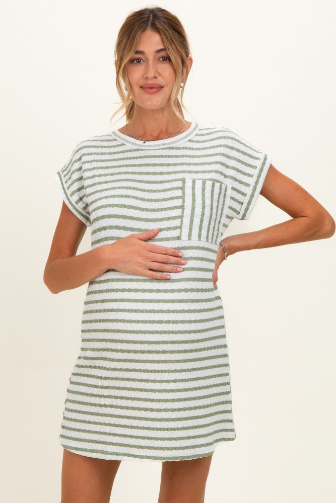 Sage Textured Stripe Knit Maternity T-Shirt Dress