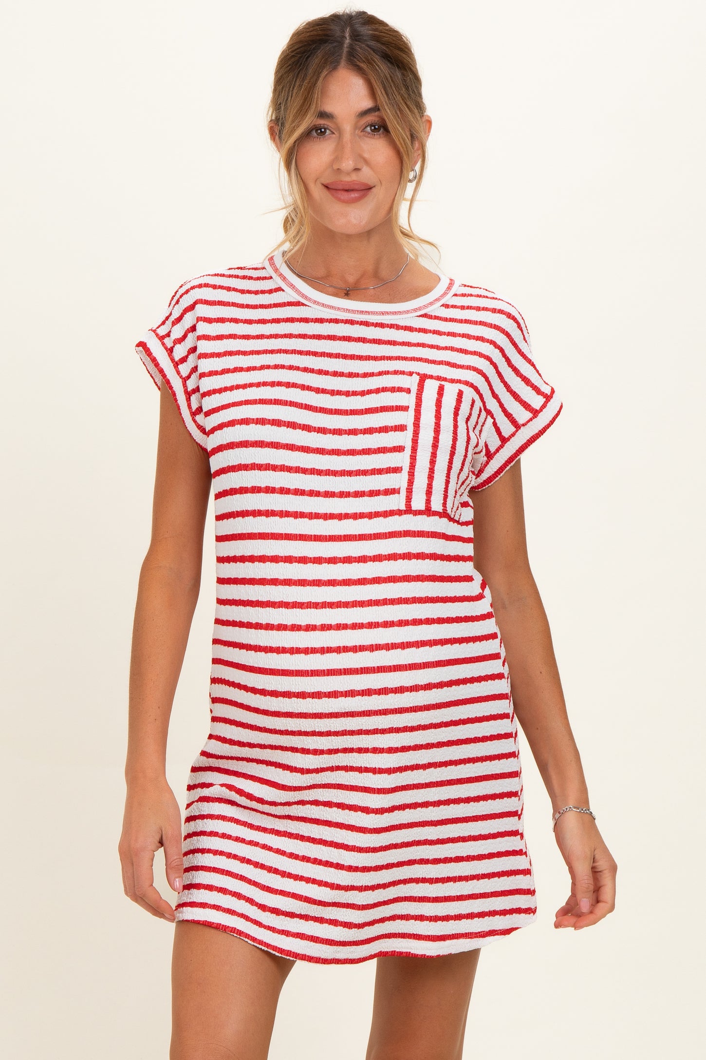Red Textured Stripe Knit Maternity T-Shirt Dress