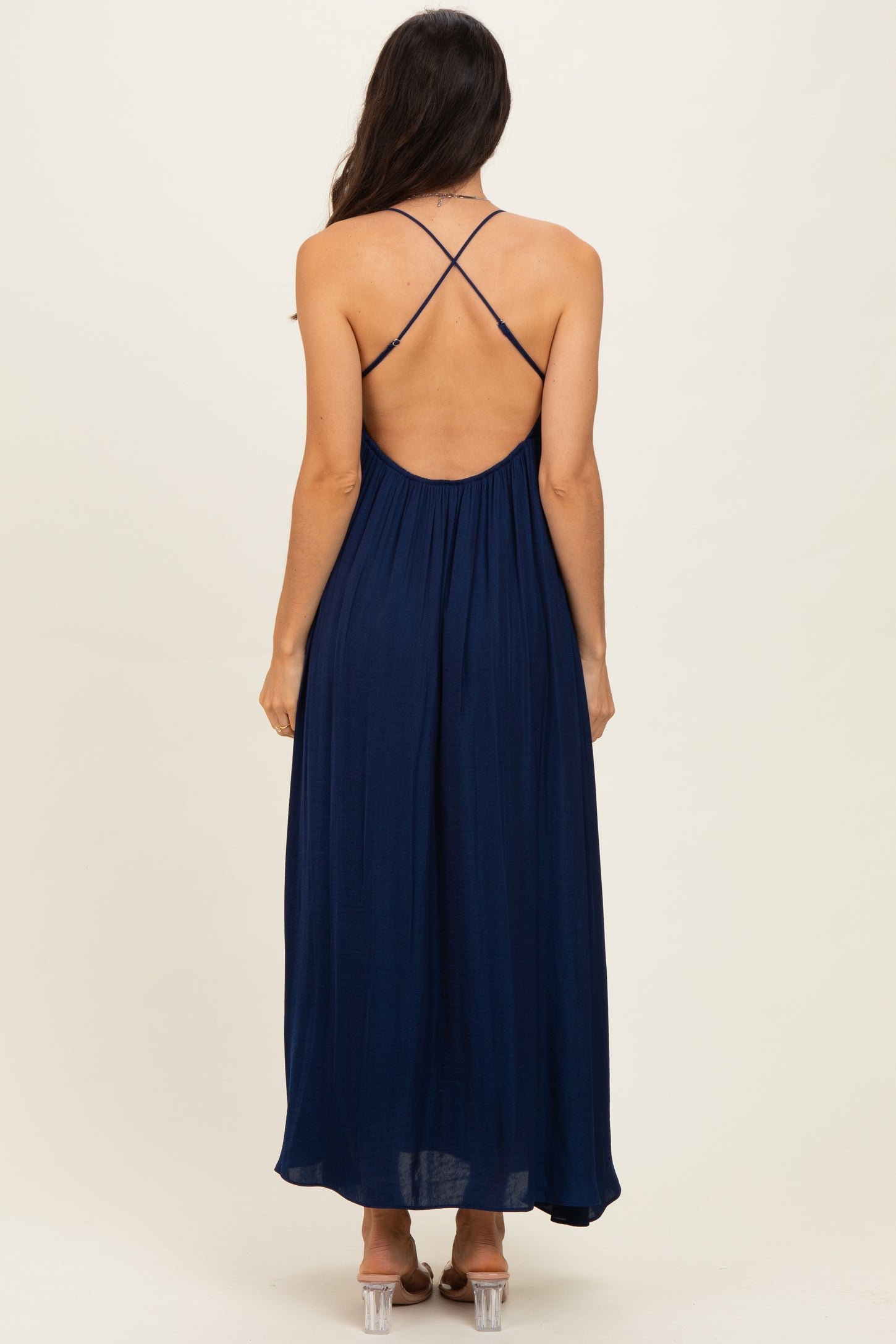 Navy V-Neck Open Back Maxi Dress