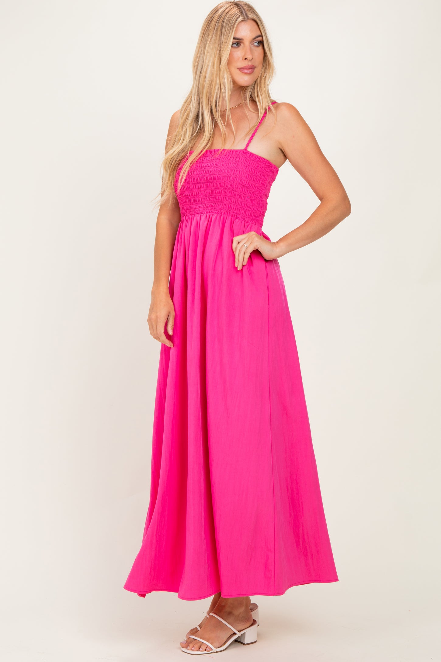 Hot Pink Pom Pom Strap Smocked Maxi Dress
