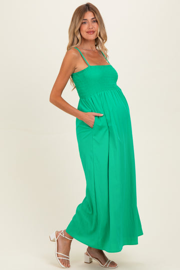Green Pom Pom Strap Smocked Maternity Maxi Dress