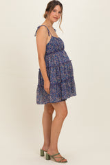 Navy Floral Shoulder Tie Tiered Maternity Mini Dress