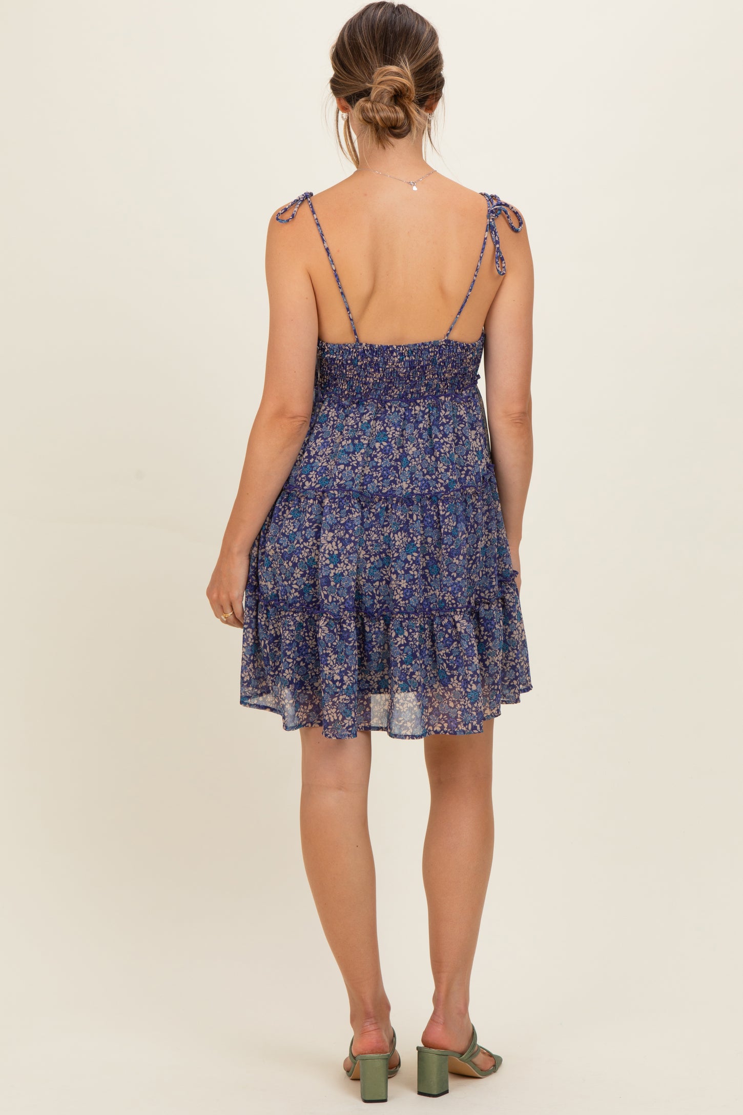 Navy Floral Shoulder Tie Tiered Maternity Mini Dress