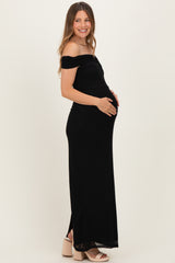 Black Off Shoulder Mesh Maternity Maxi Dress