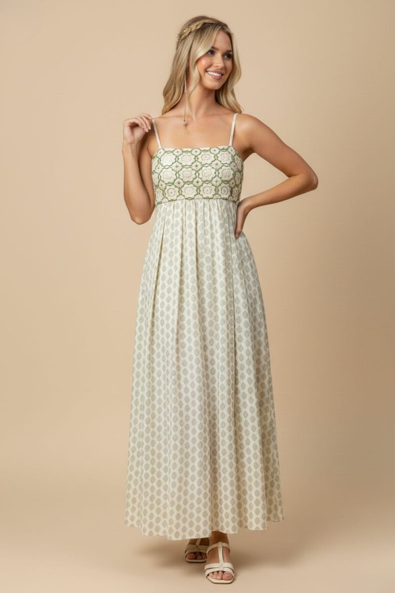 Green Floral Crochet Bodice Maxi Dress