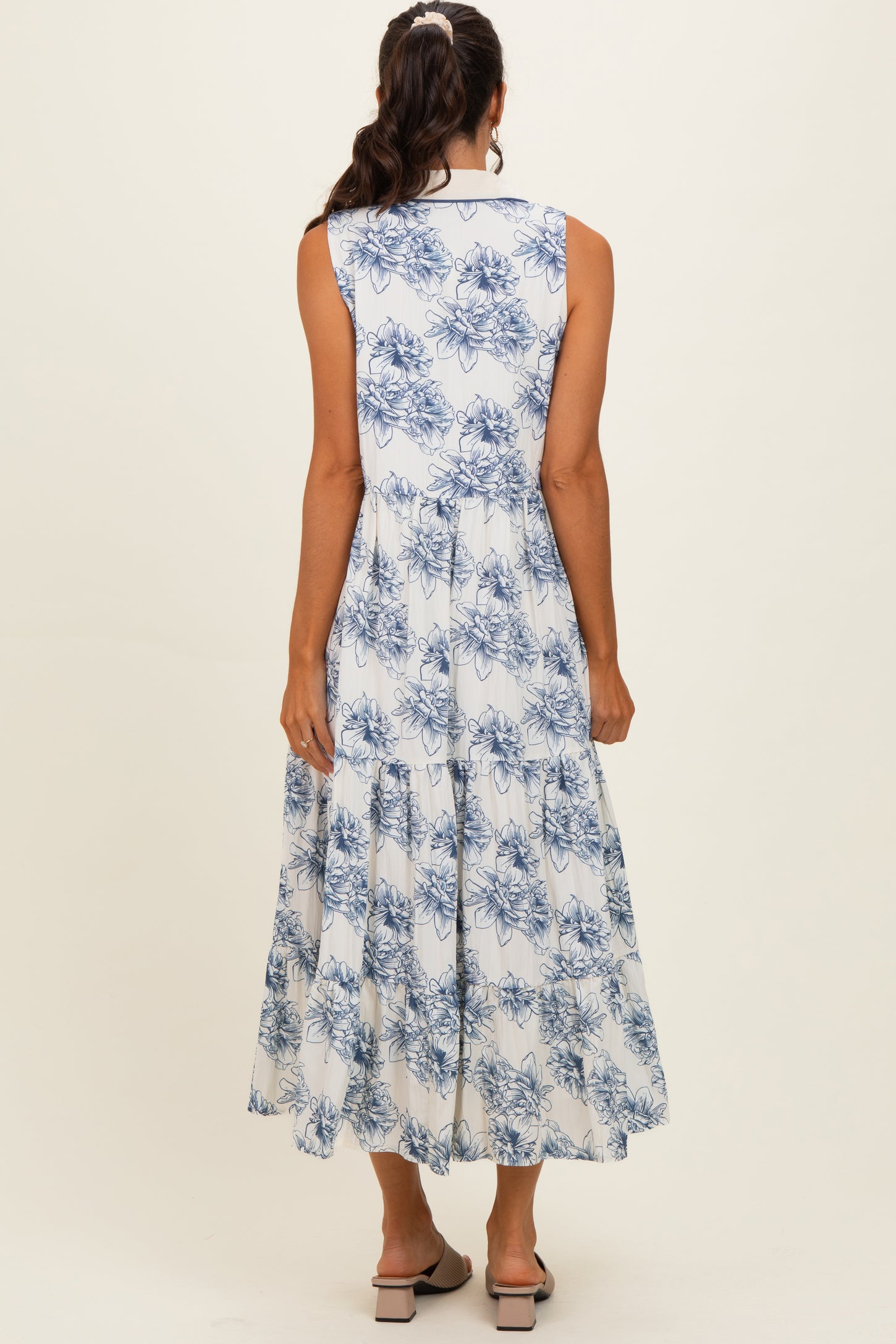Ivory Floral Tiered Sleeveless Shirt Dress