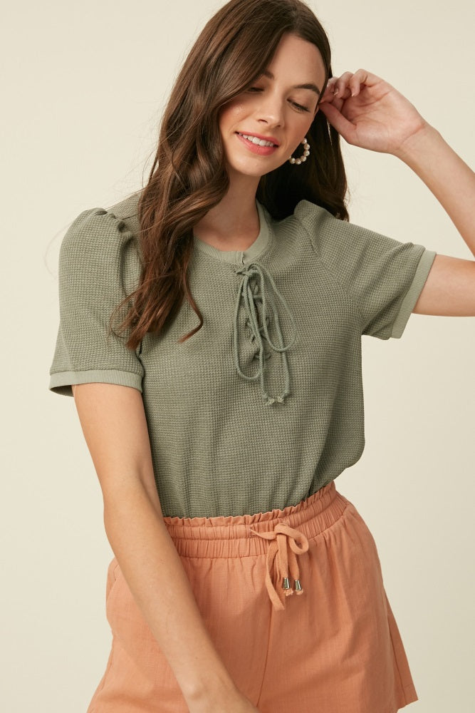 Olive Waffle Knit Lace-Up Top